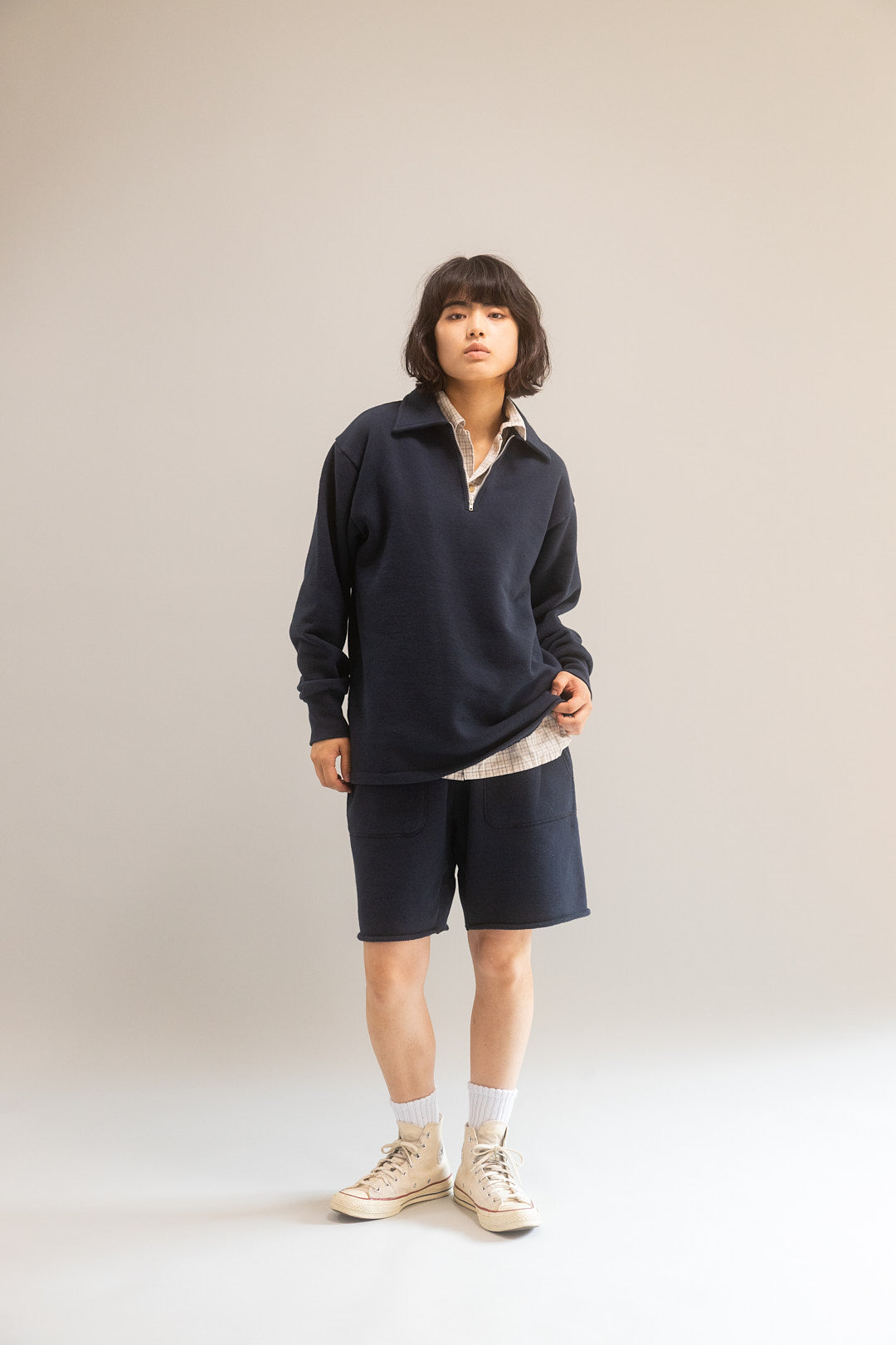 ROUGH HALF ZIP SWEAT SHIRT (NAVY)